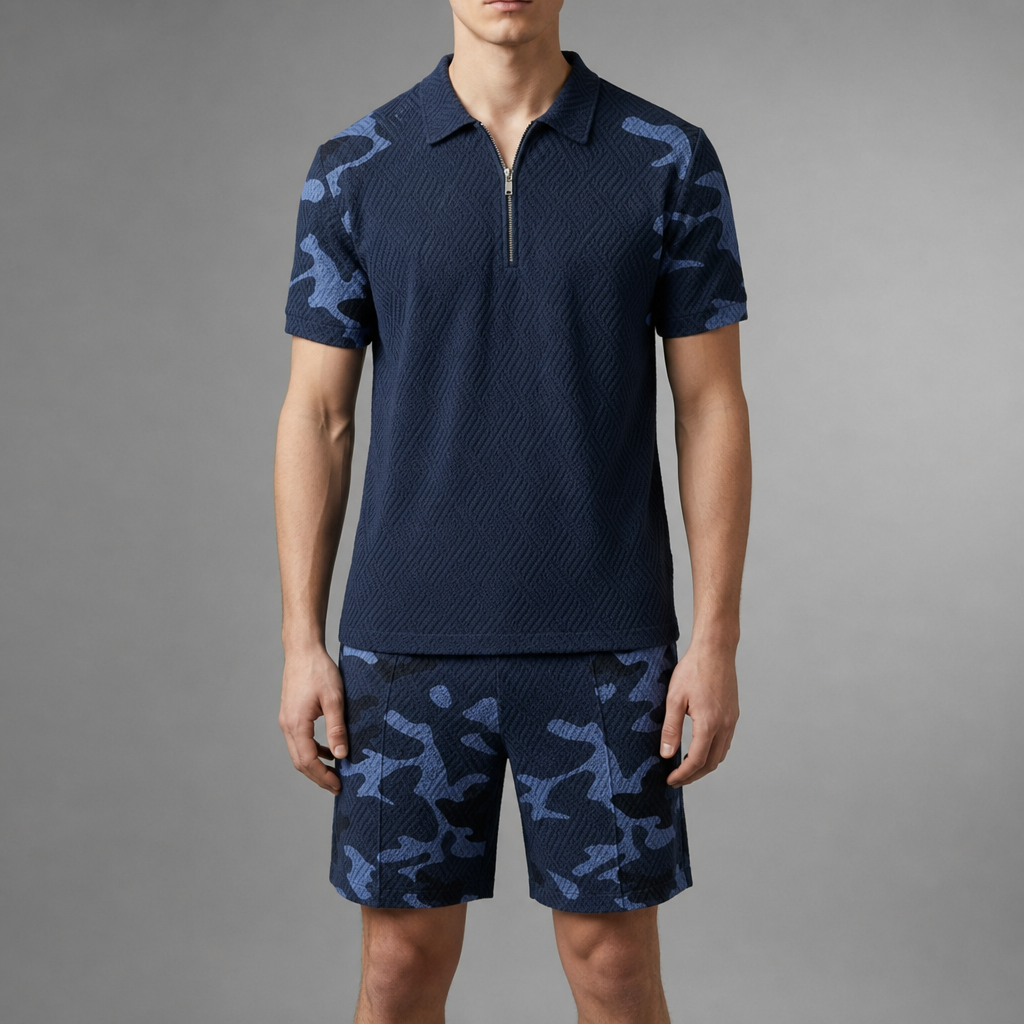 Anzio Camo Polo Co-Ord Set in Navy Blue