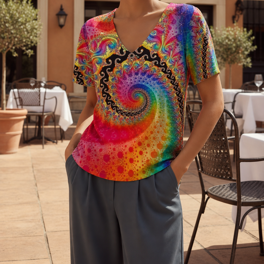 Mljet Rainbow Print V-Neck Top in Rainbow Swirl