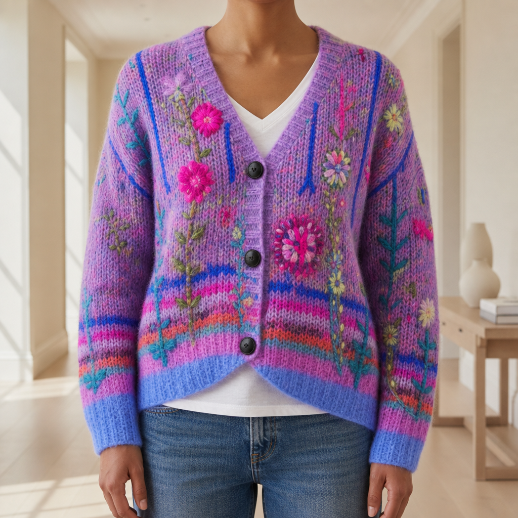 Trani Floral Embroidered Cardigan in Purple
