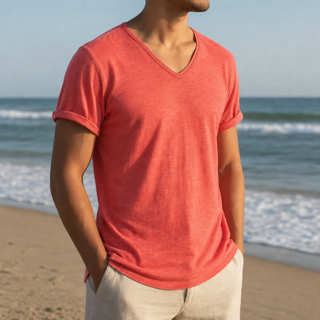 Grasse V-Neck Cotton Tee in Coral Red