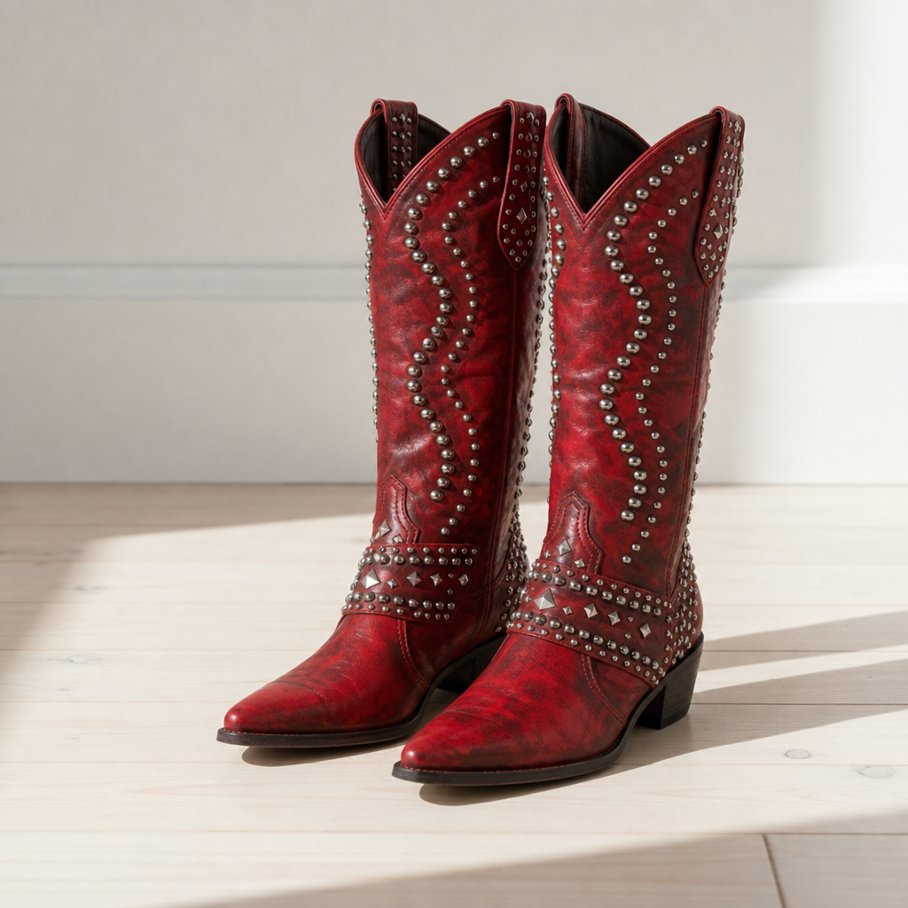 Sagres Studded Western Knee-High Boots in Red