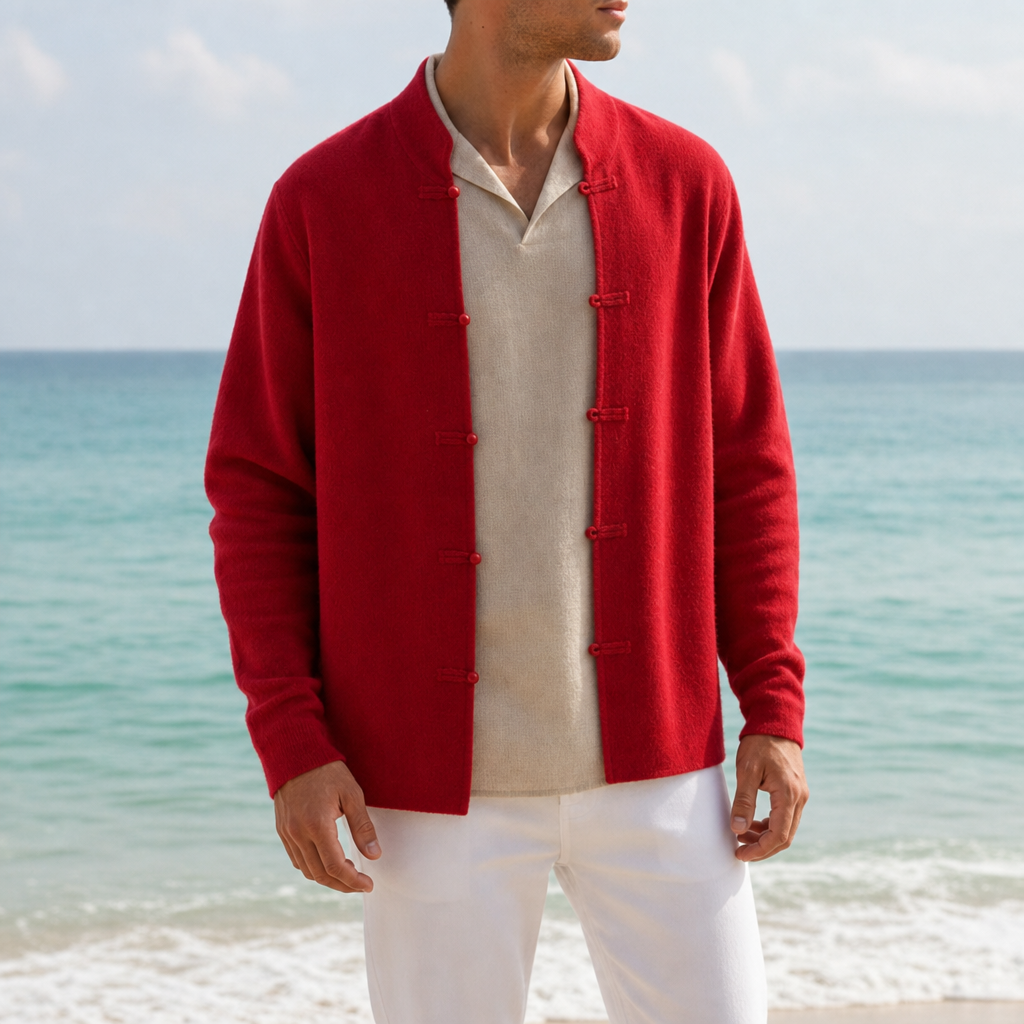 Patmos Loop Button Cashmere Cardigan in Red