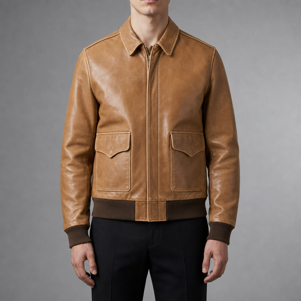 Korcula A2 Leather Bomber Jacket in Cognac