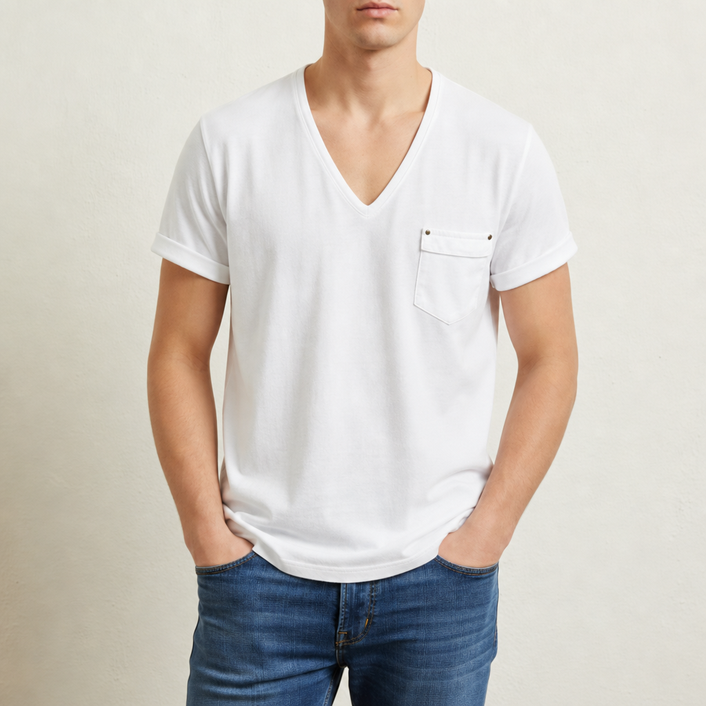 Beziers Deep V-Neck Pocket Tee in White