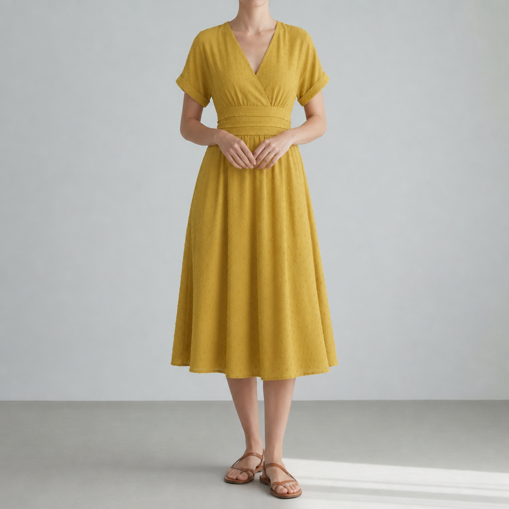 Peniscola Swiss Dot Wrap Midi Dress in Mustard Yellow