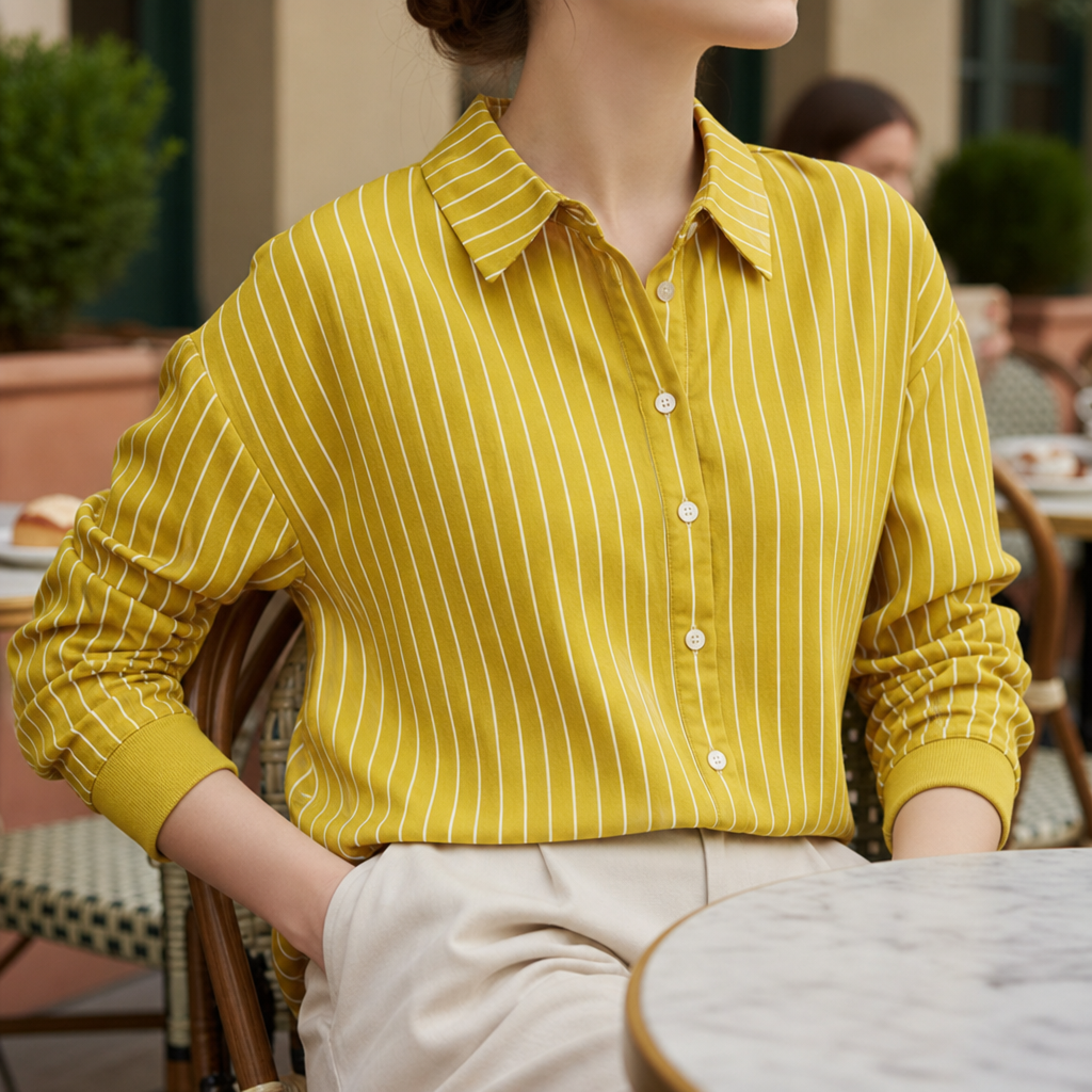 Folegandros Striped Button-Up Blouse in Mustard Yellow