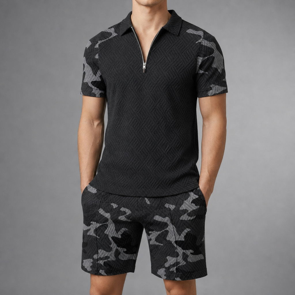 Anzio Camo Polo Co-Ord Set in Black