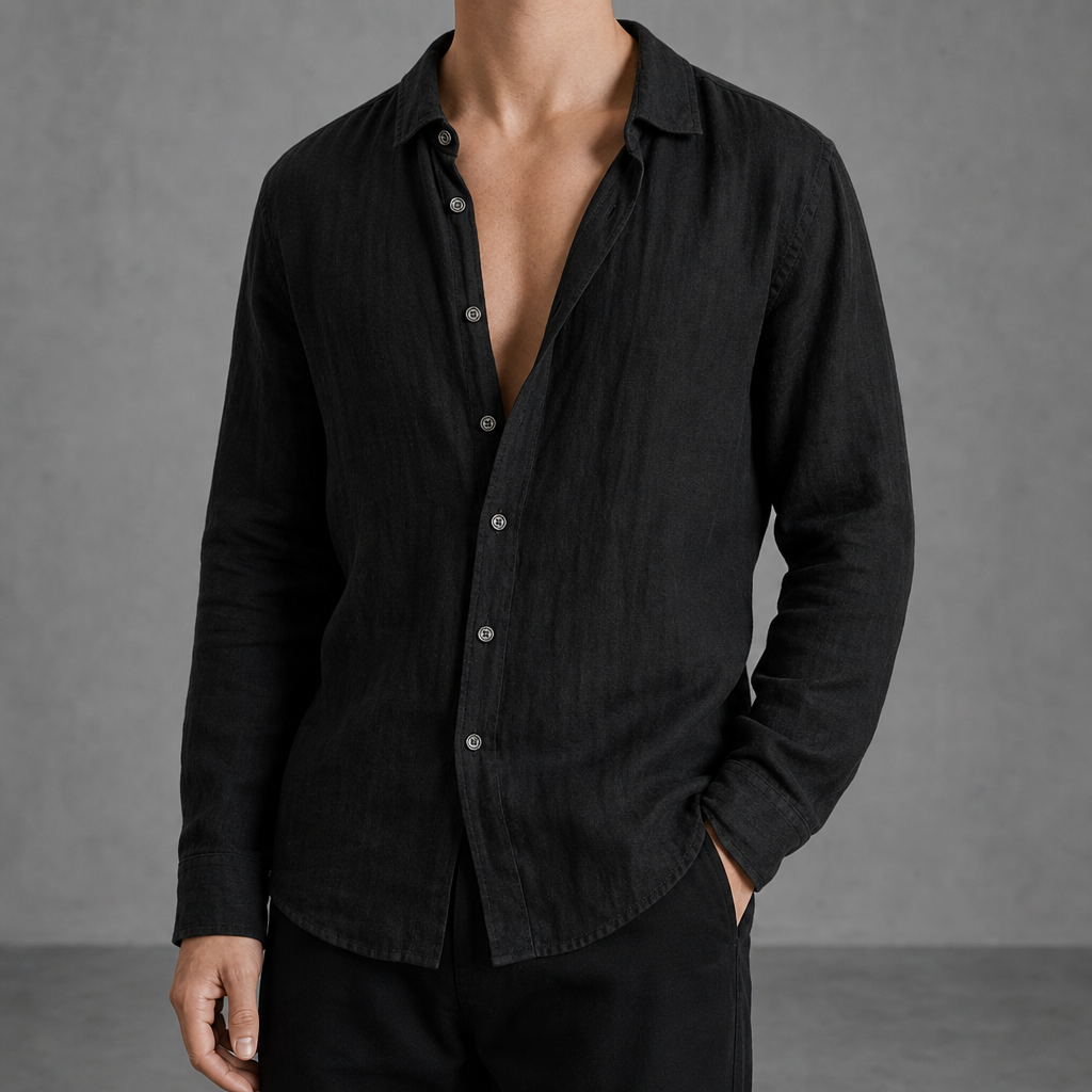 Merida Linen Open-Collar Shirt in Black