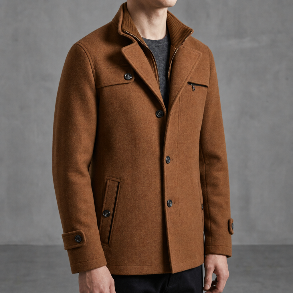 Modica Mid-Length Wool Pea Coat in Cognac