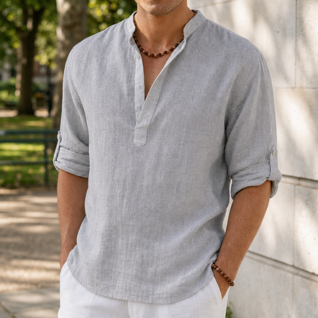 Begur Linen Henley Shirt in Gray