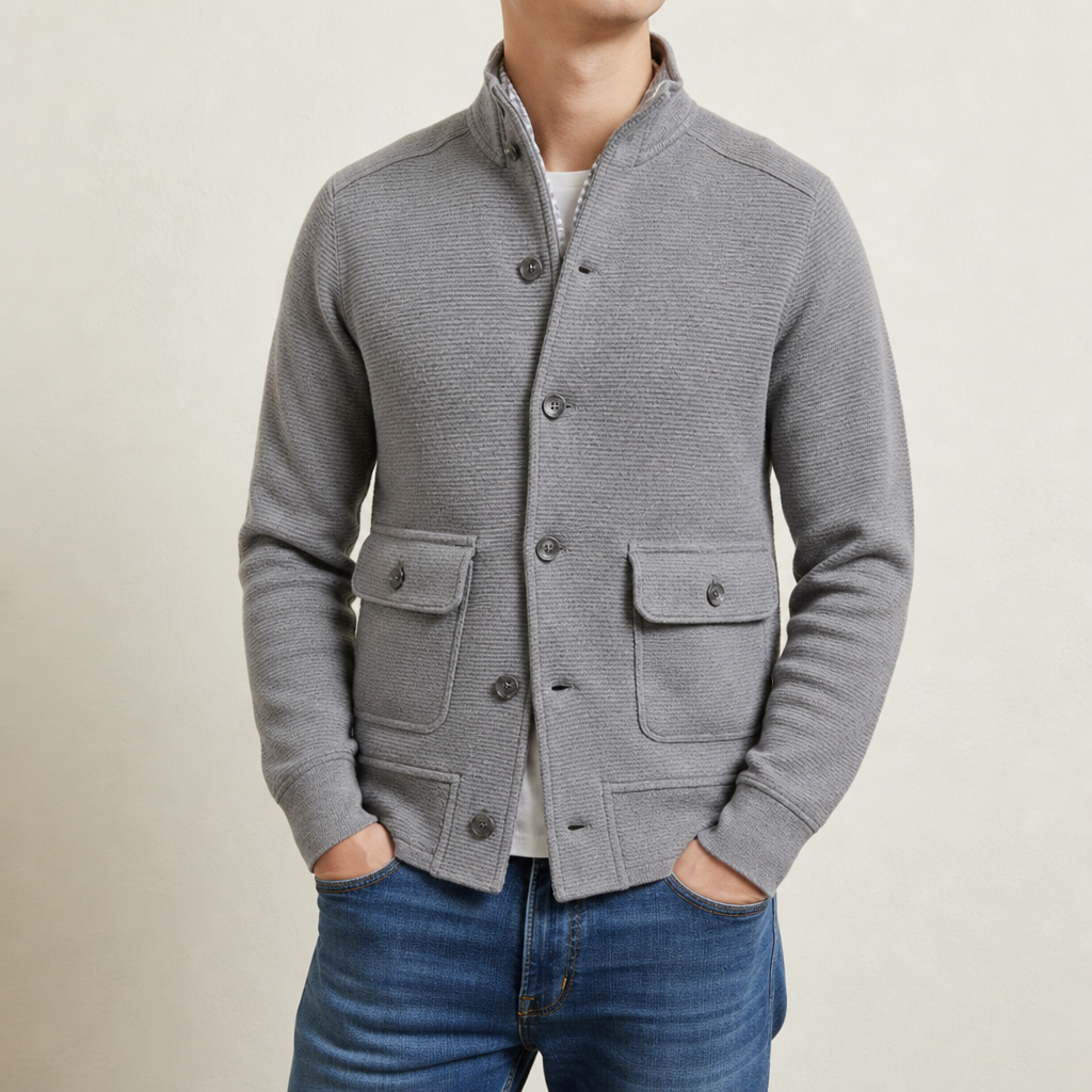 Antequera Stand Collar Knit Jacket in Gray