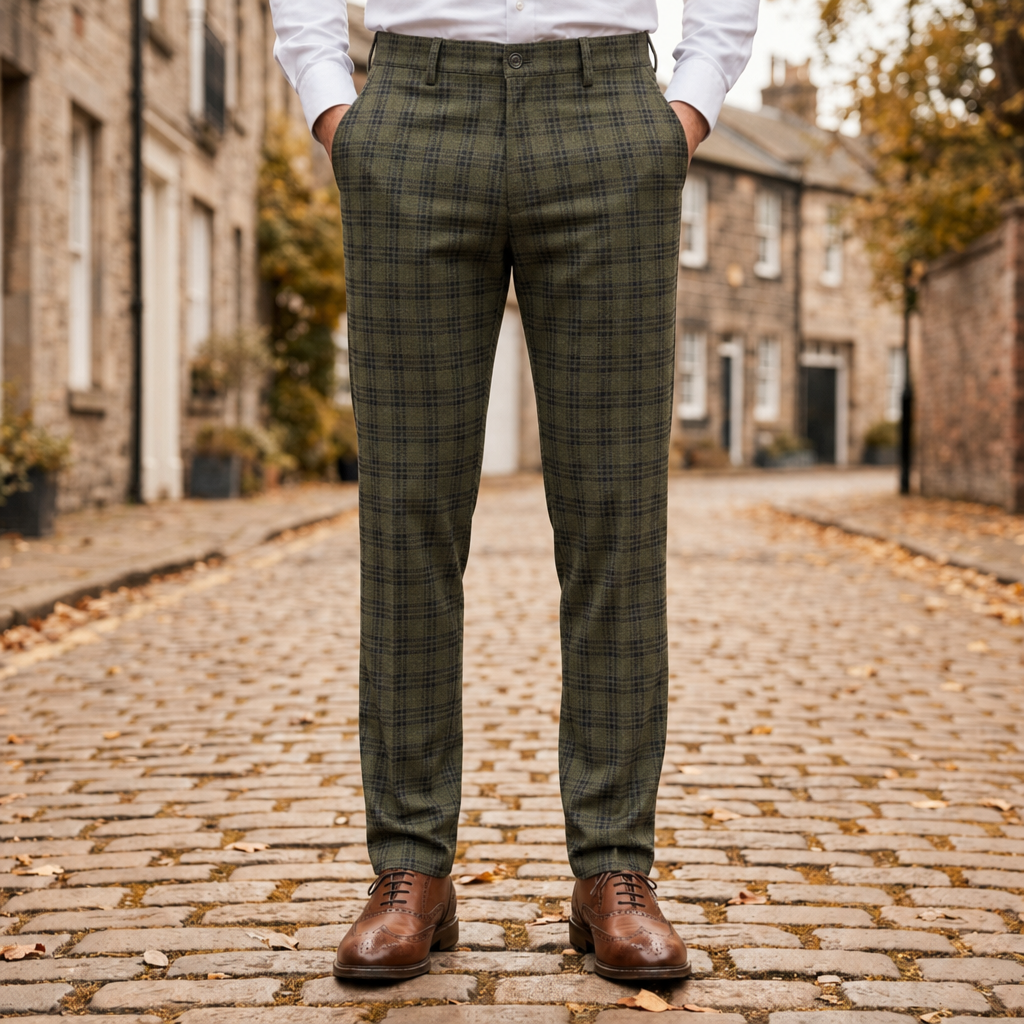 Volterra Slim Plaid Trousers in Olive Green
