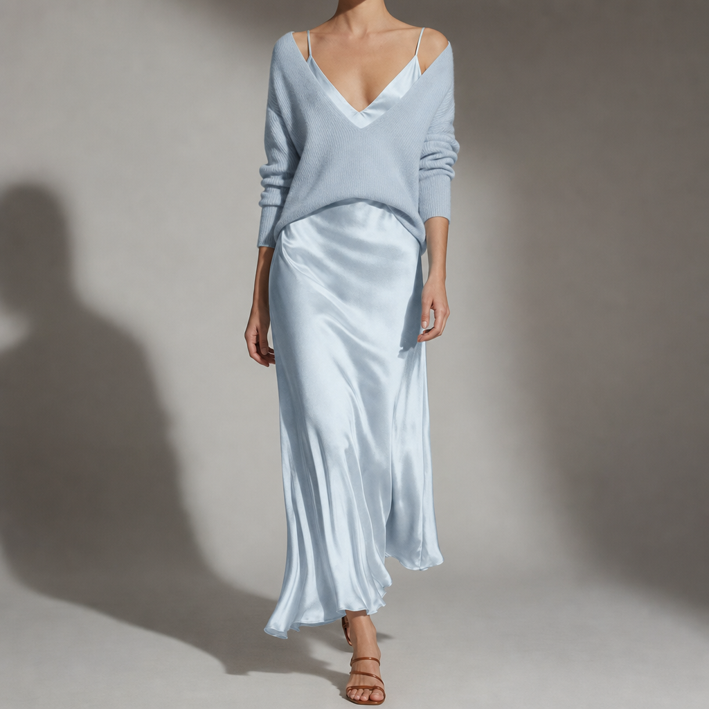 Tarifa Satin Skirt Sweater Set in Light Blue