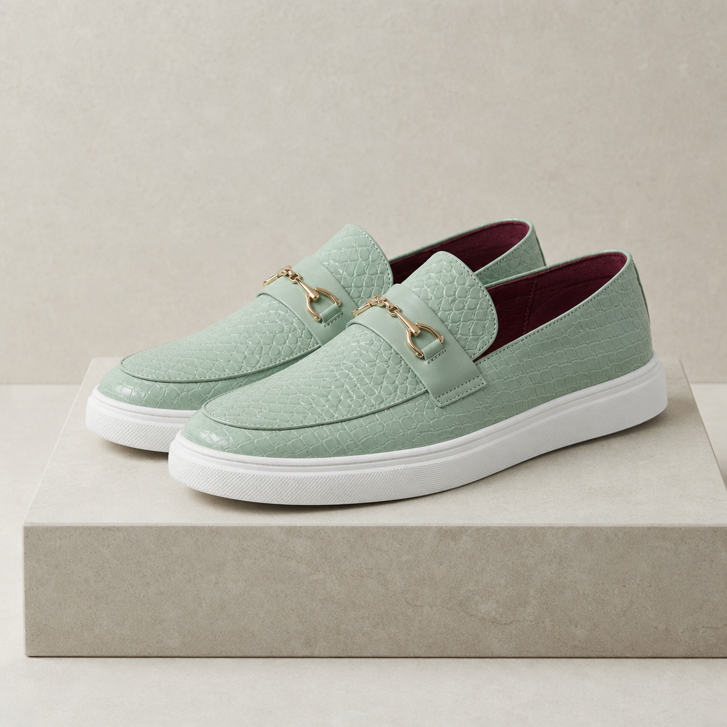 Arles Croc Embossed Loafers in Mint Green
