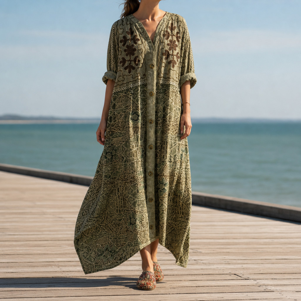 Comporta Boho Print Maxi Dress in Olive Green