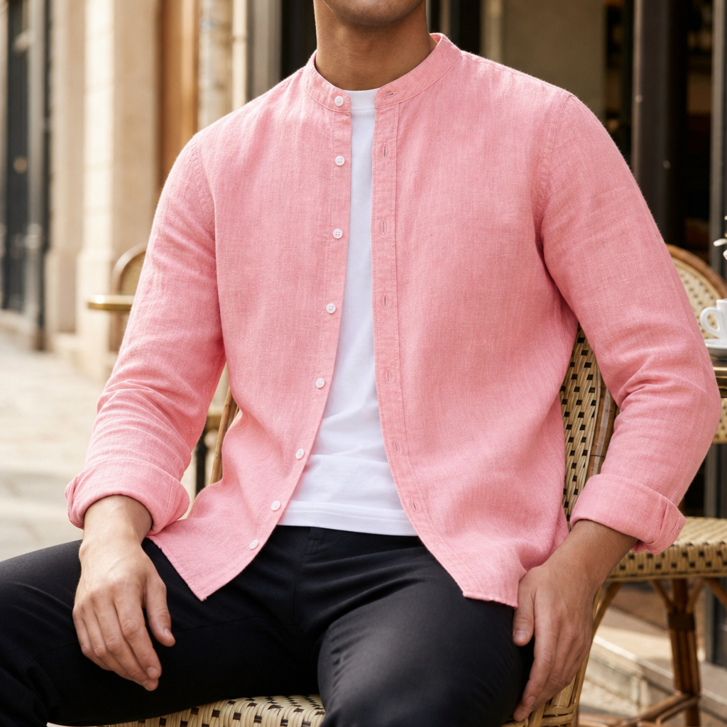 Sesimbra Linen Band Collar Shirt in Pink