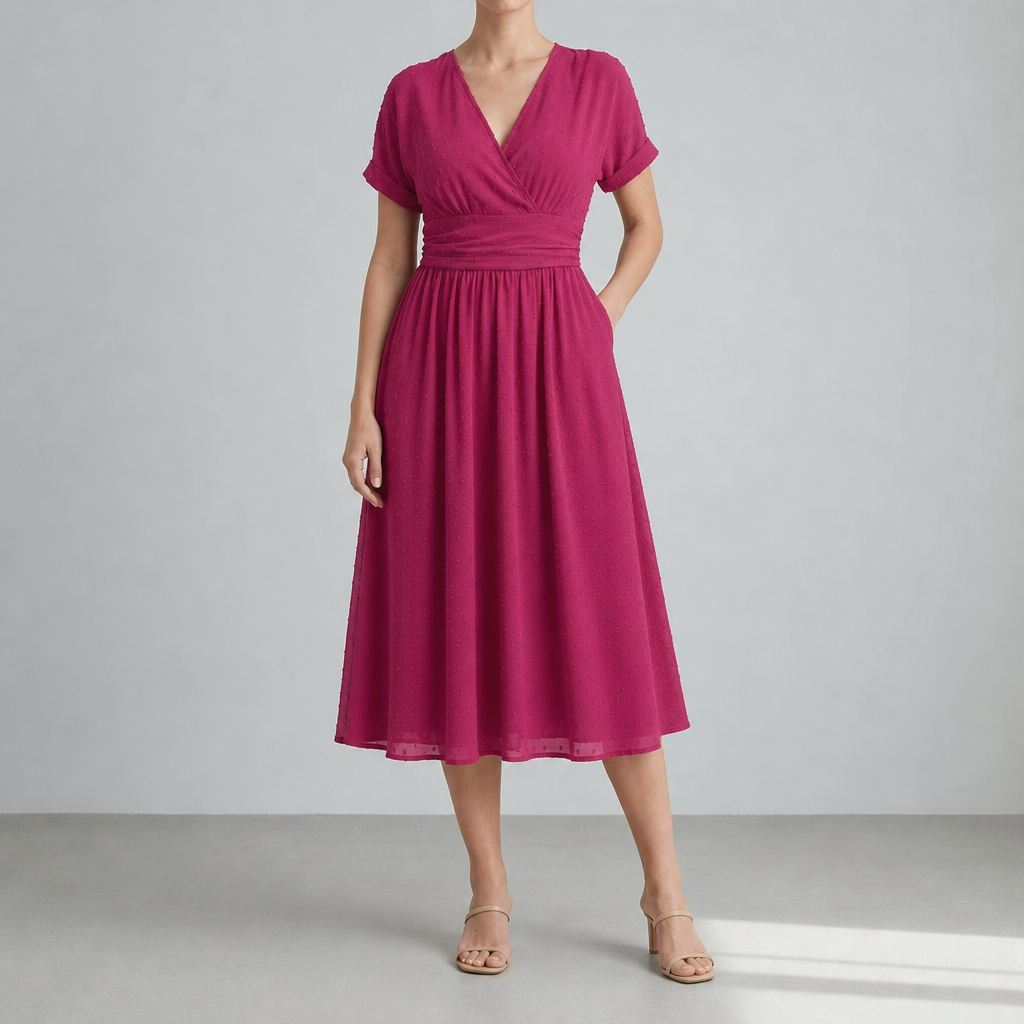 Peniscola Swiss Dot Wrap Midi Dress in Bubblegum Pink
