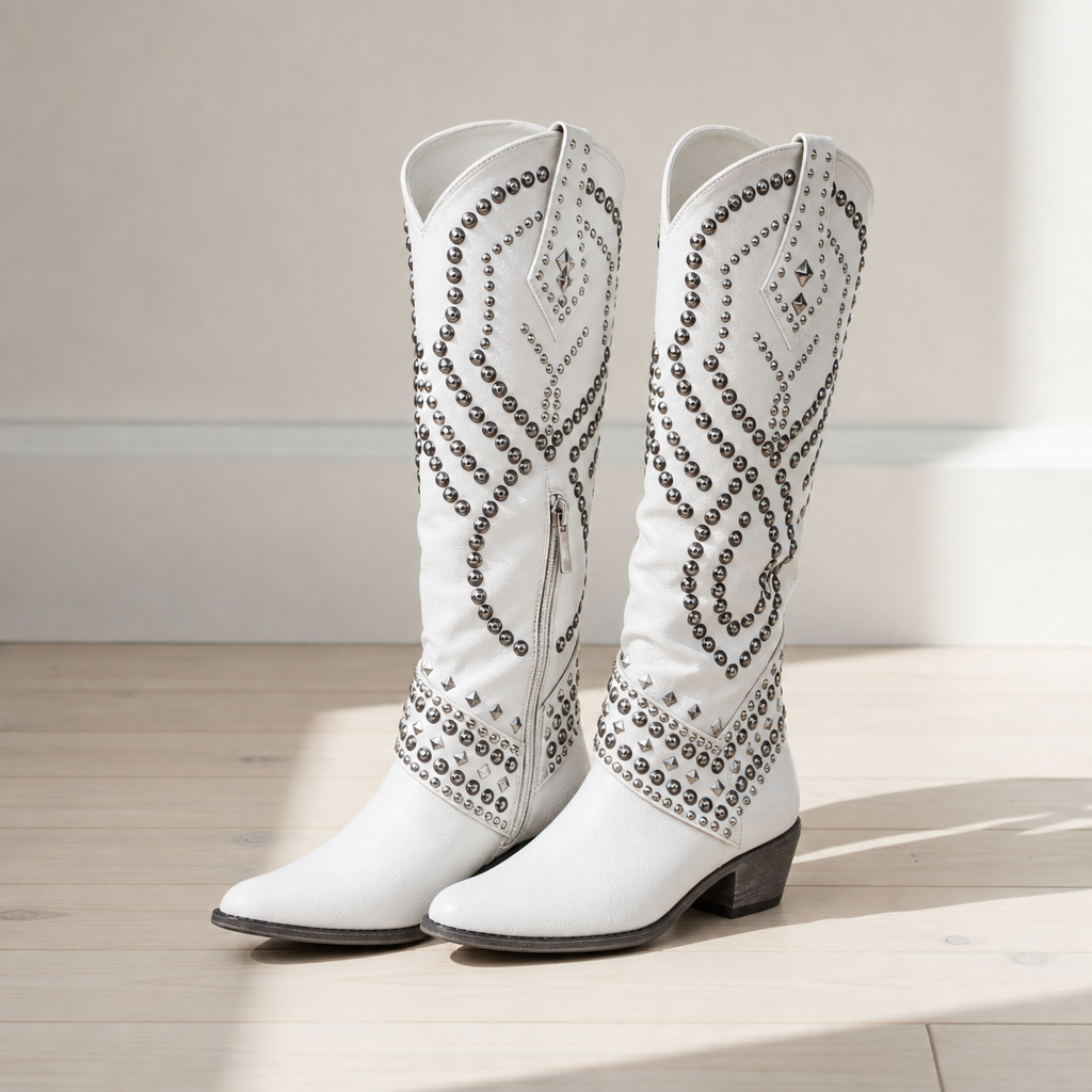 Sagres Studded Western Knee-High Boots in White