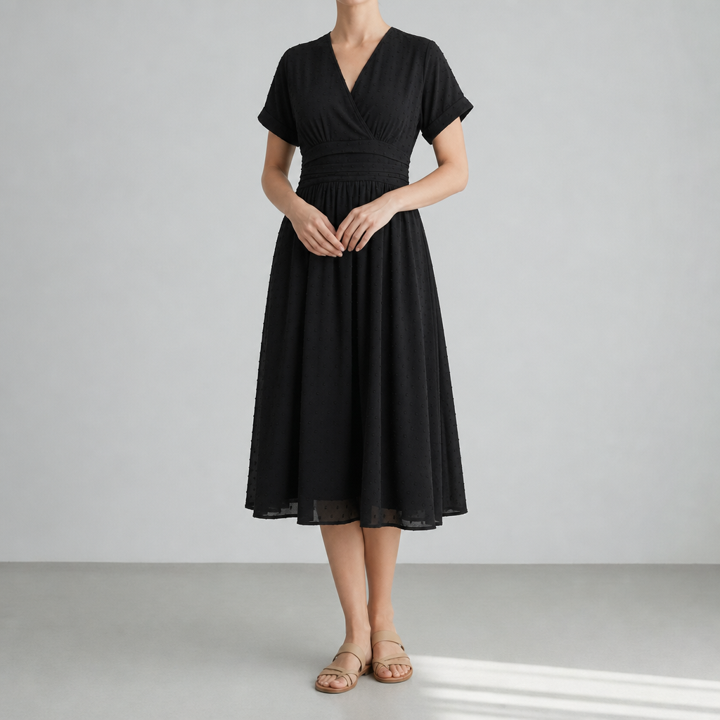 Peniscola Swiss Dot Wrap Midi Dress in Black