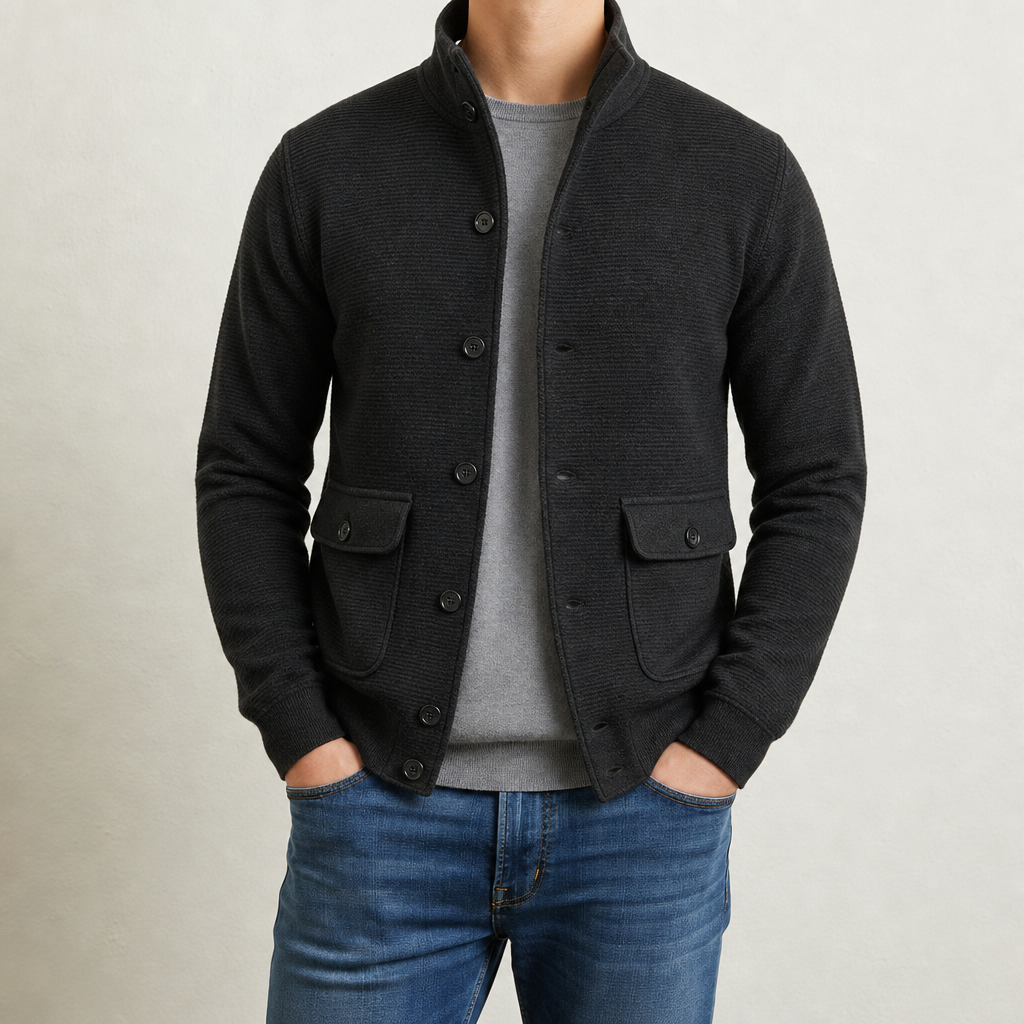 Antequera Stand Collar Knit Jacket in Black