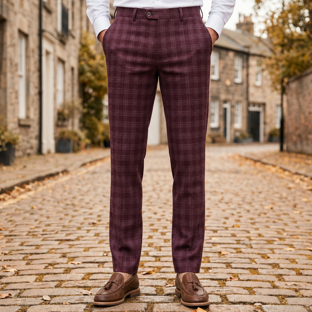 Volterra Slim Plaid Trousers in Burgundy