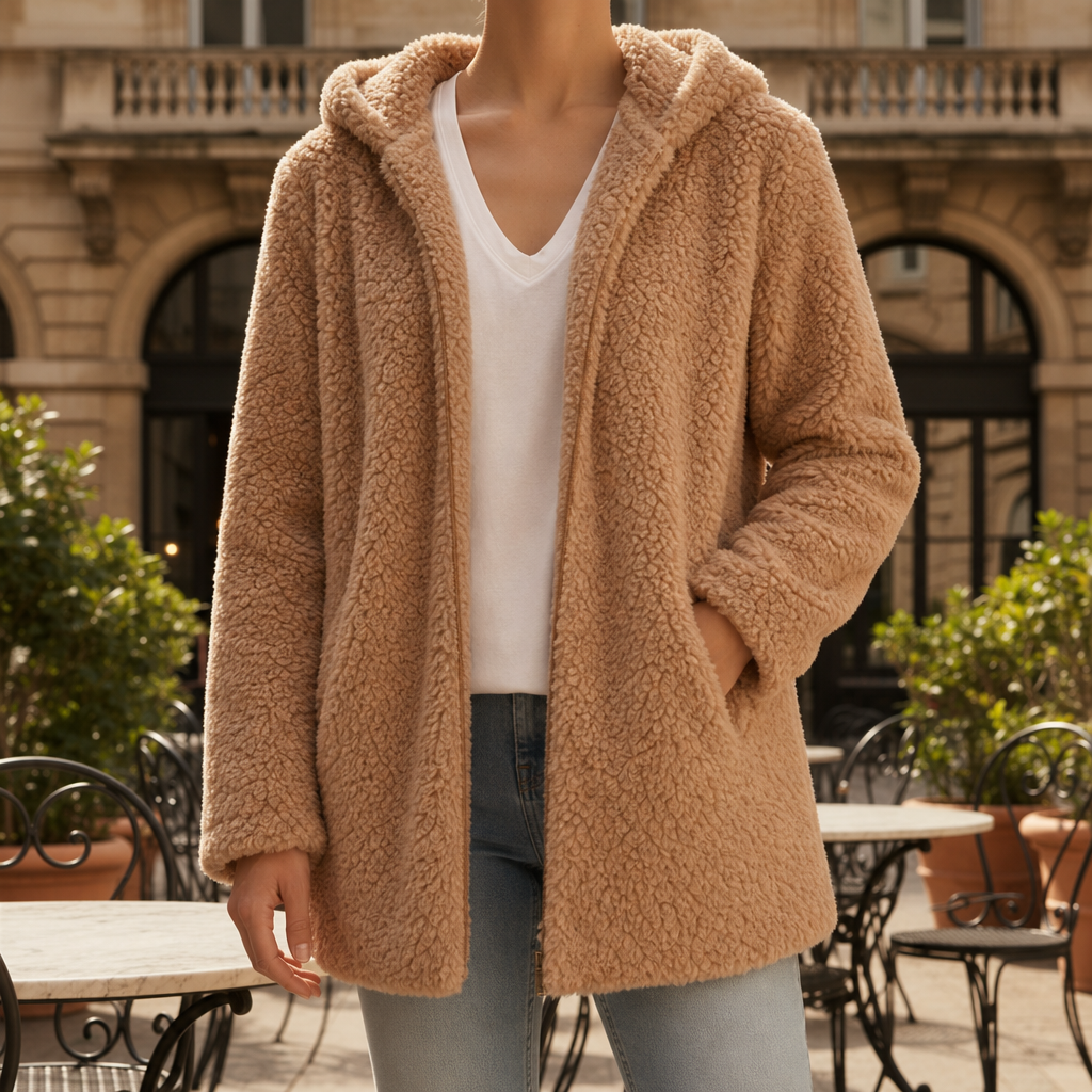 Menton Hooded Teddy Fleece Jacket in Camel