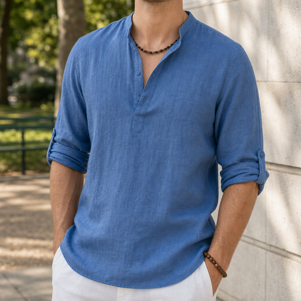 Begur Linen Henley Shirt in Denim Blue