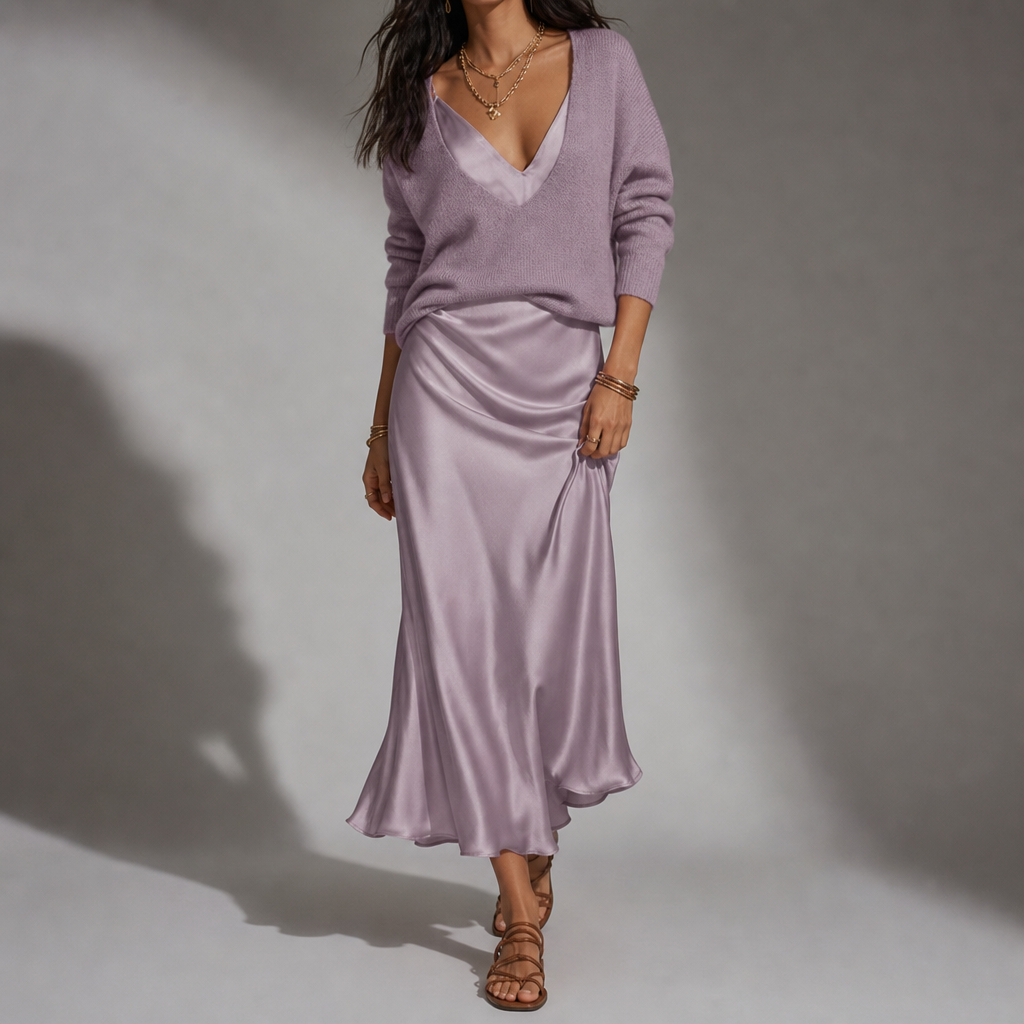 Tarifa Satin Skirt Sweater Set in Dusty Lilac