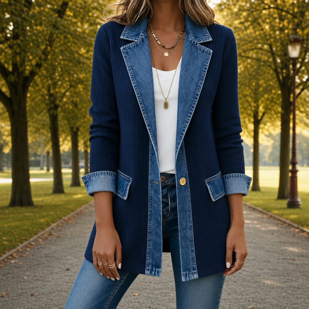 Skyros Denim Knit Hybrid Jacket in Navy Blue