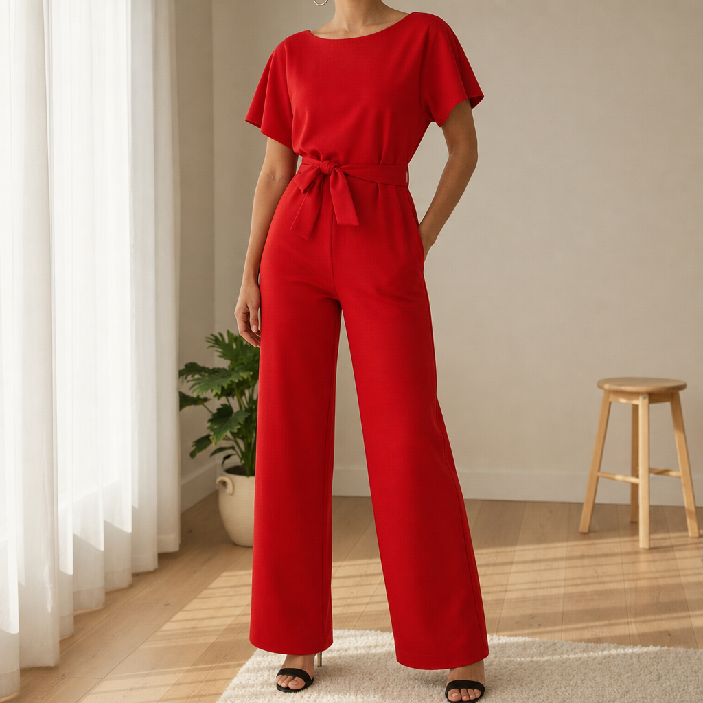 Antibes Belted Batwing Jumpsuit in Red
