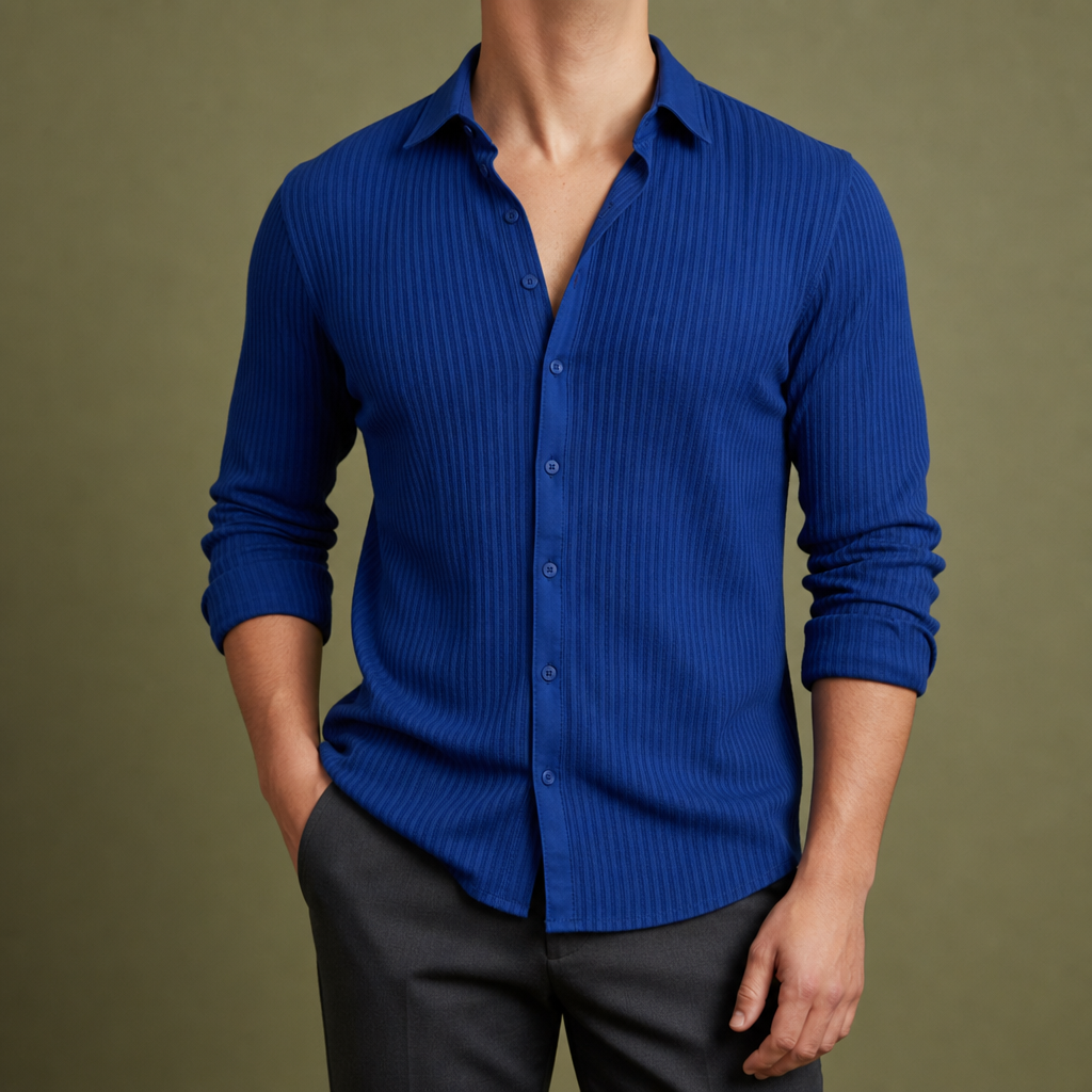Caceres Striped Lapel Shirt in Royal Blue