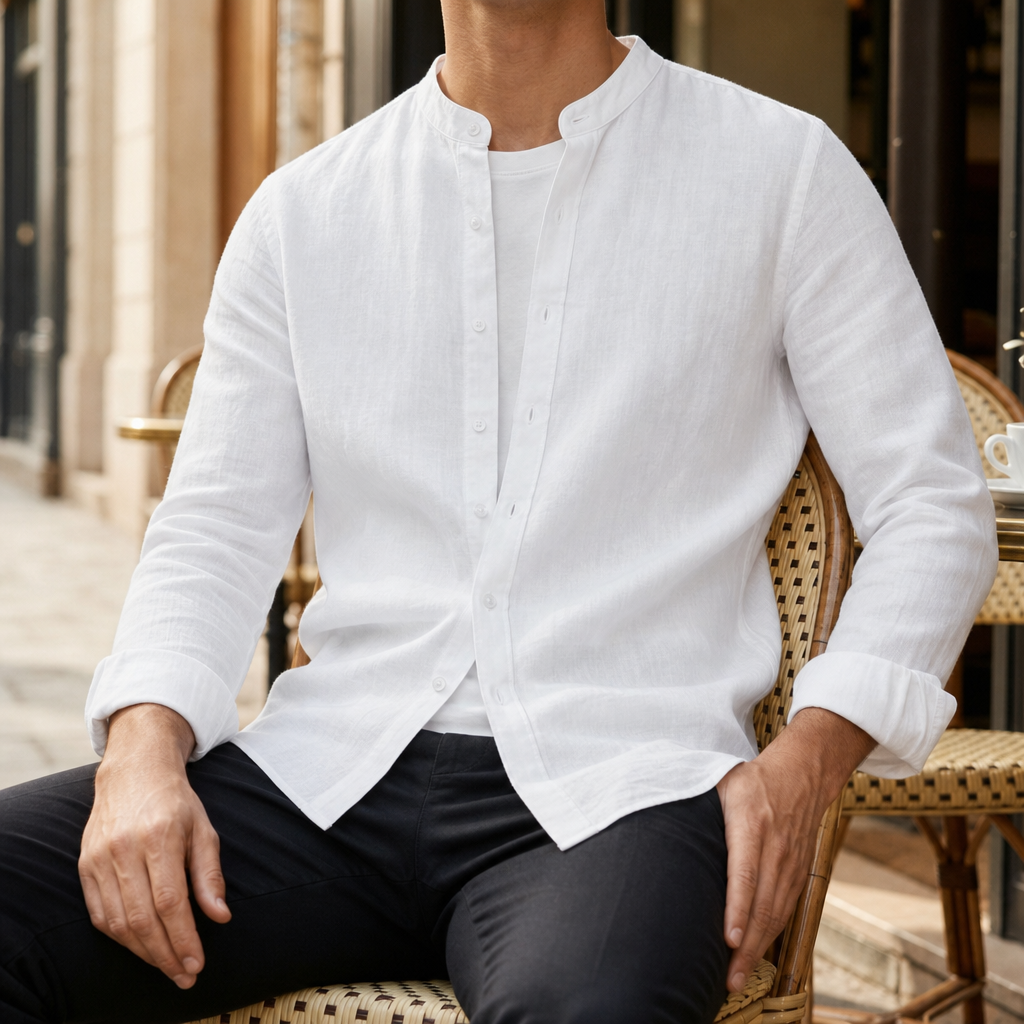 Sesimbra Linen Band Collar Shirt in White