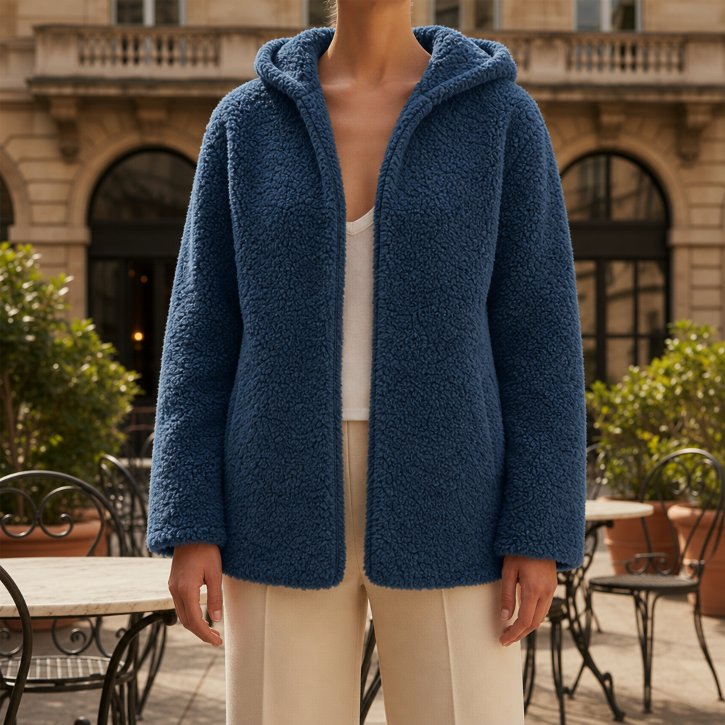 Menton Hooded Teddy Fleece Jacket in Slate Blue
