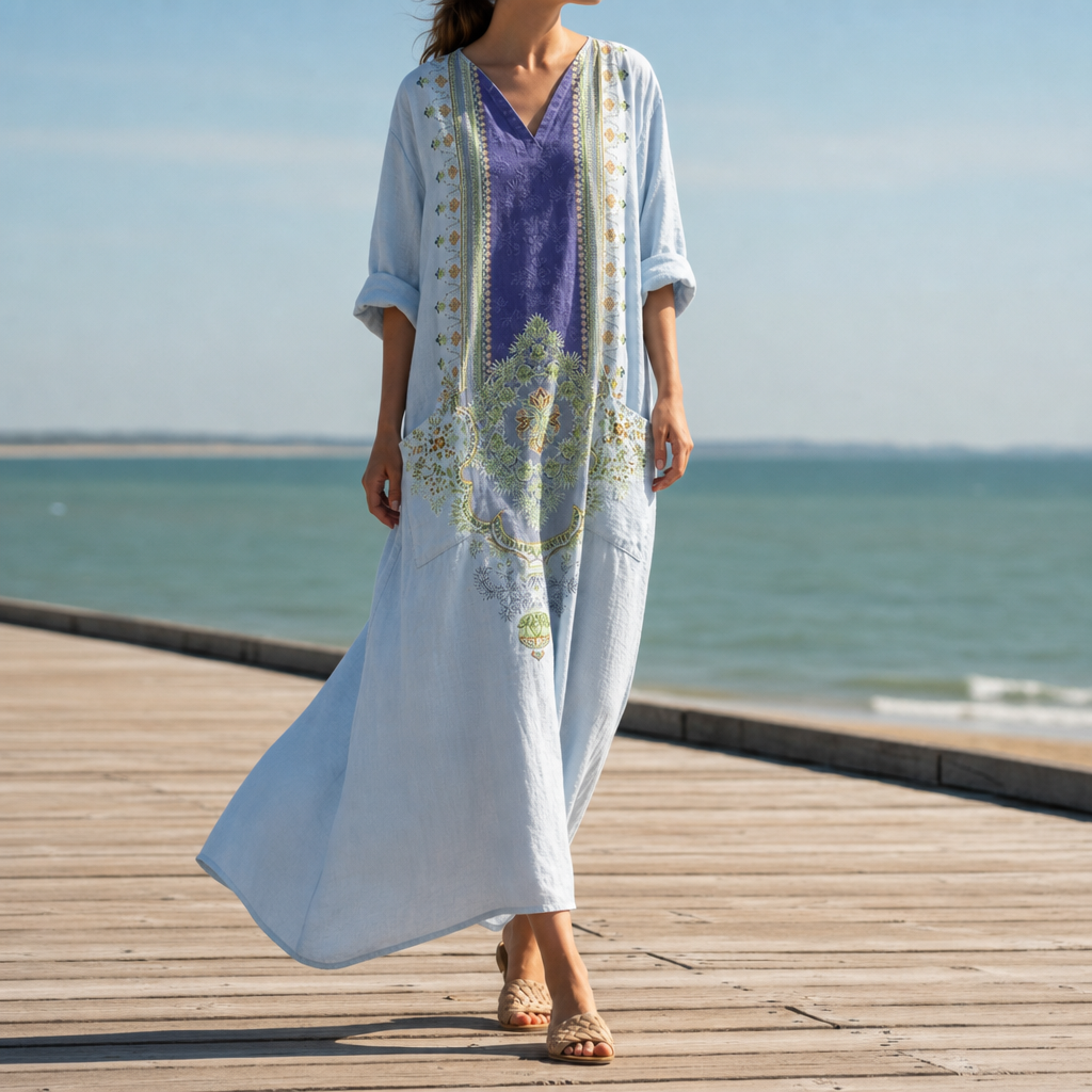 Comporta Boho Print Maxi Dress in Light Blue