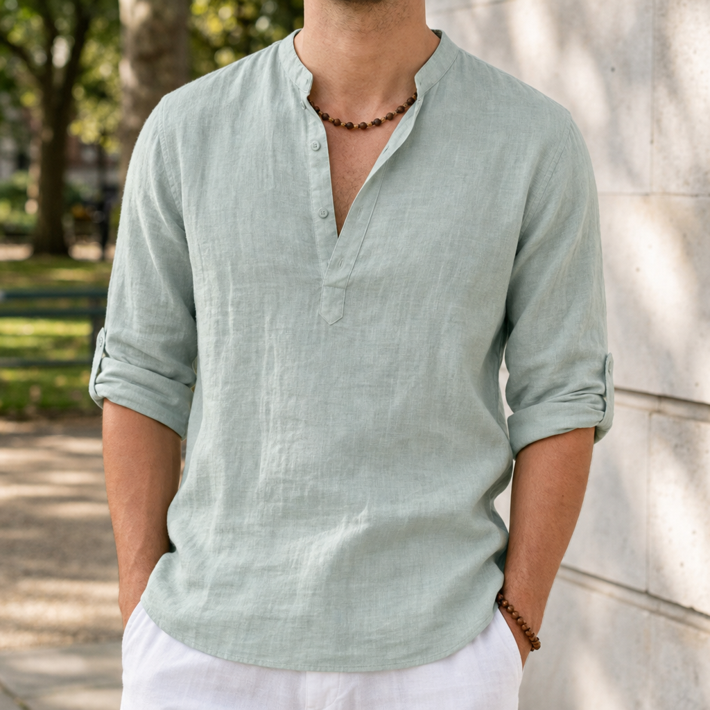 Begur Linen Henley Shirt in Lime Green