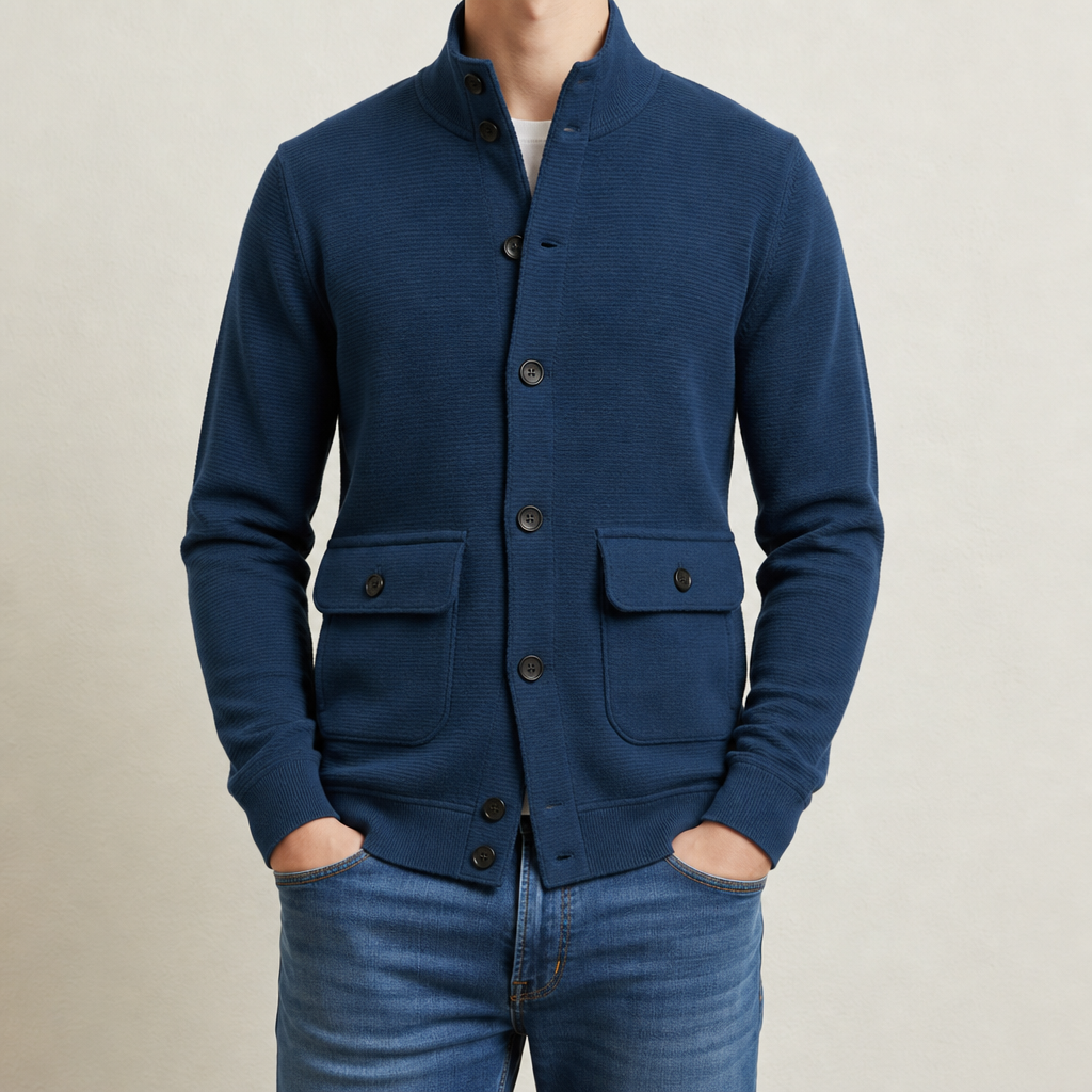 Antequera Stand Collar Knit Jacket in Slate Blue