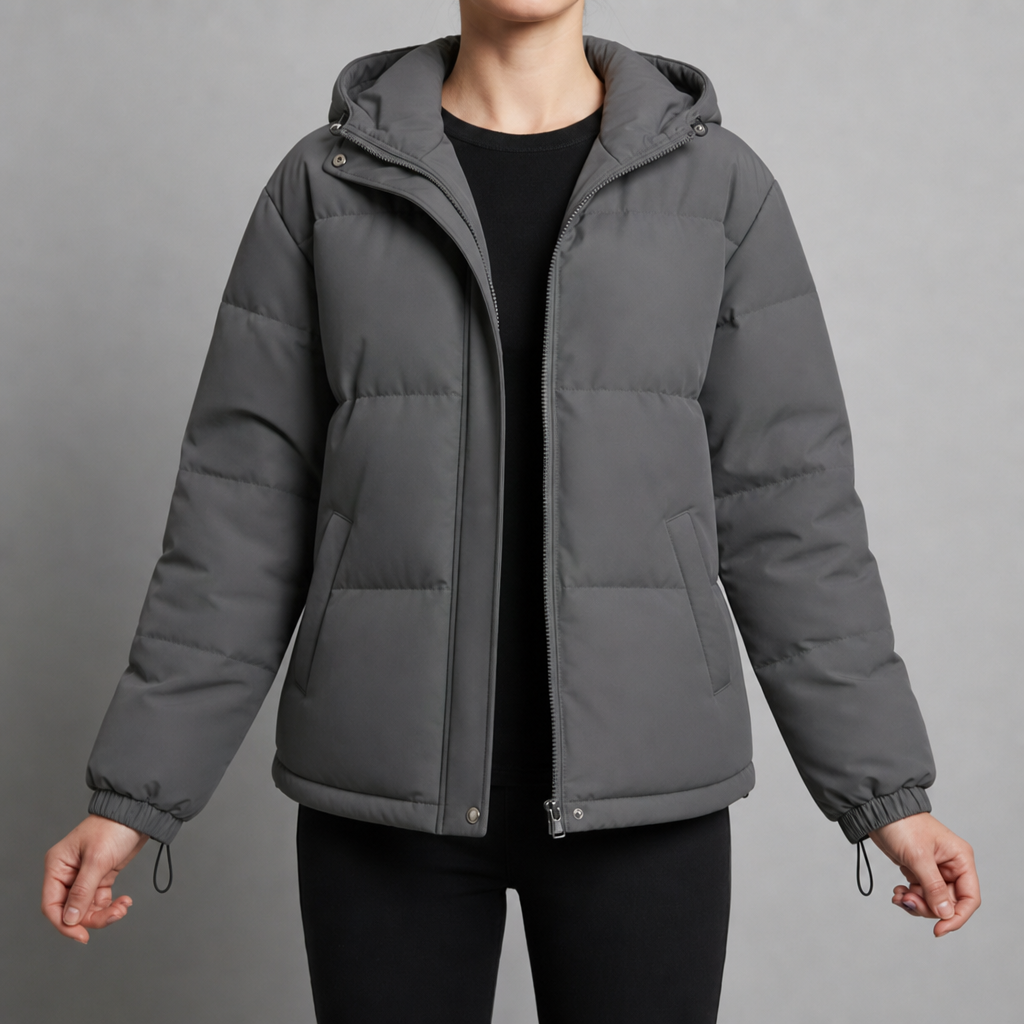 Kea Hooded Quilted Puffer Jacket in Dark Gray