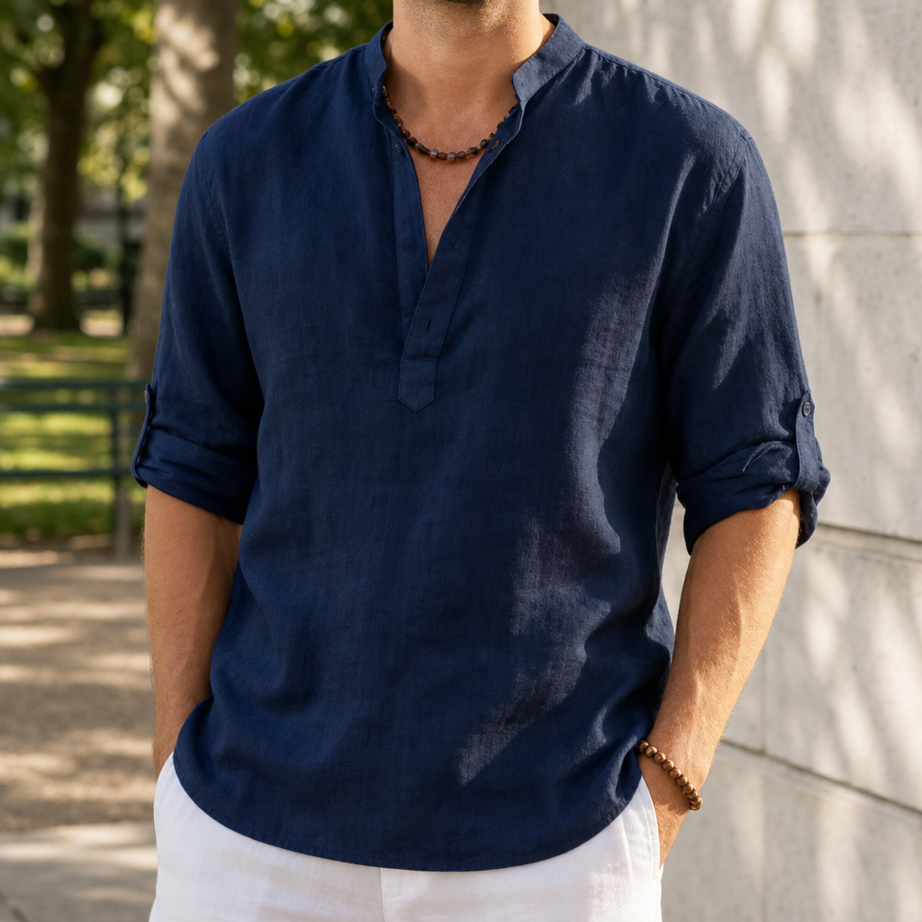 Begur Linen Henley Shirt in Navy Blue