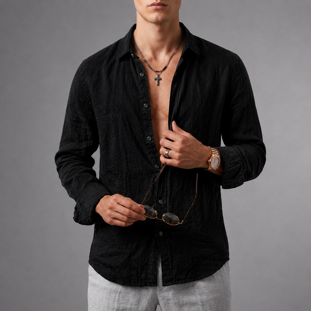 Syros Linen Open Collar Shirt