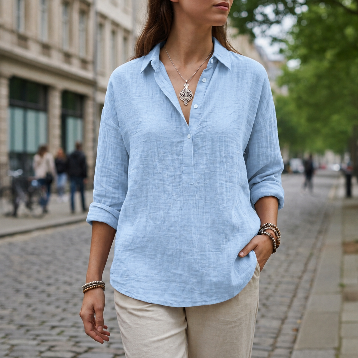 Trento Linen-Look Popover Blouse
