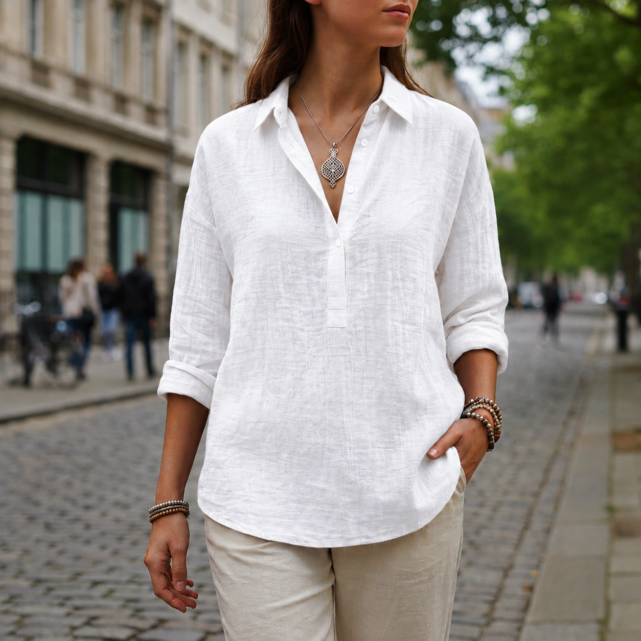 Trento Linen-Look Popover Blouse