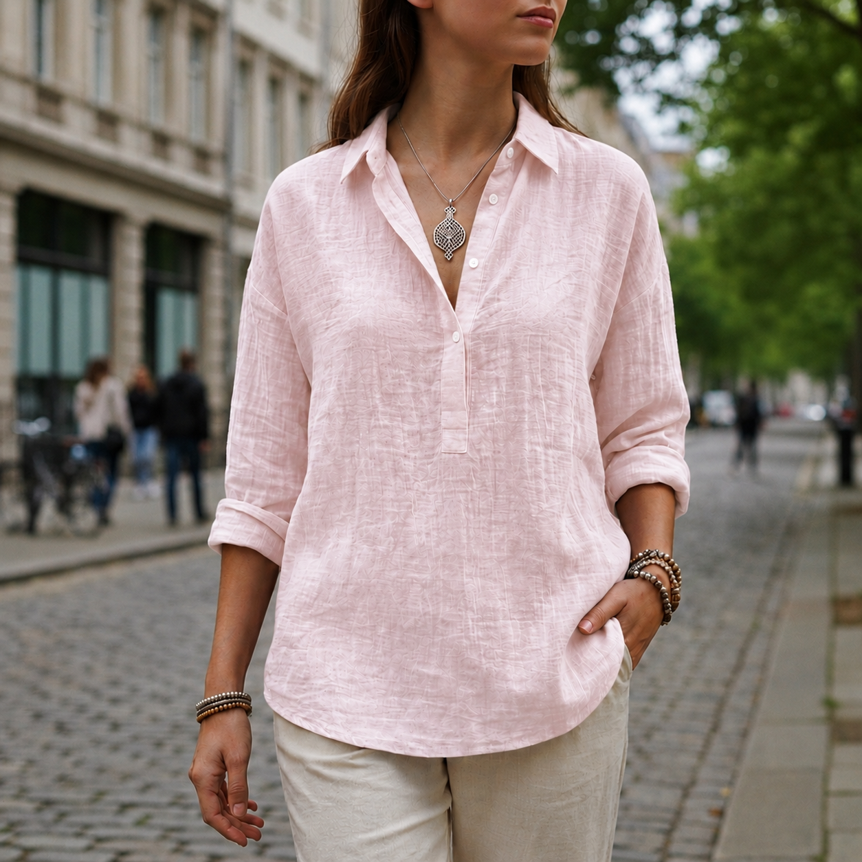 Trento Linen-Look Popover Blouse