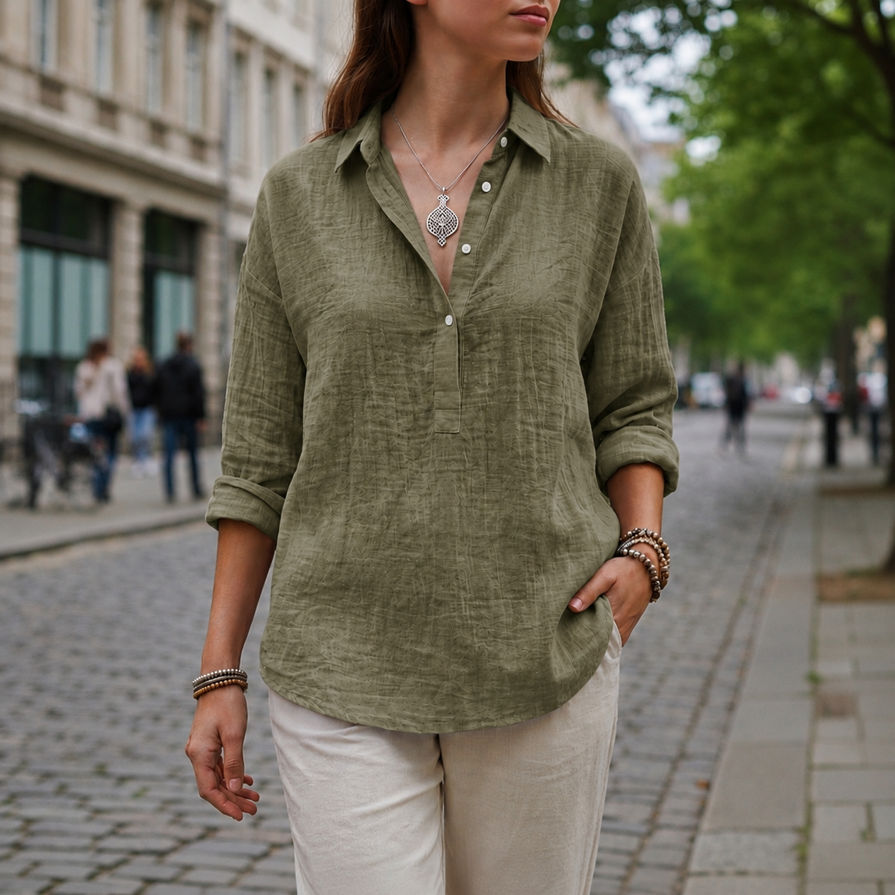Trento Linen-Look Popover Blouse
