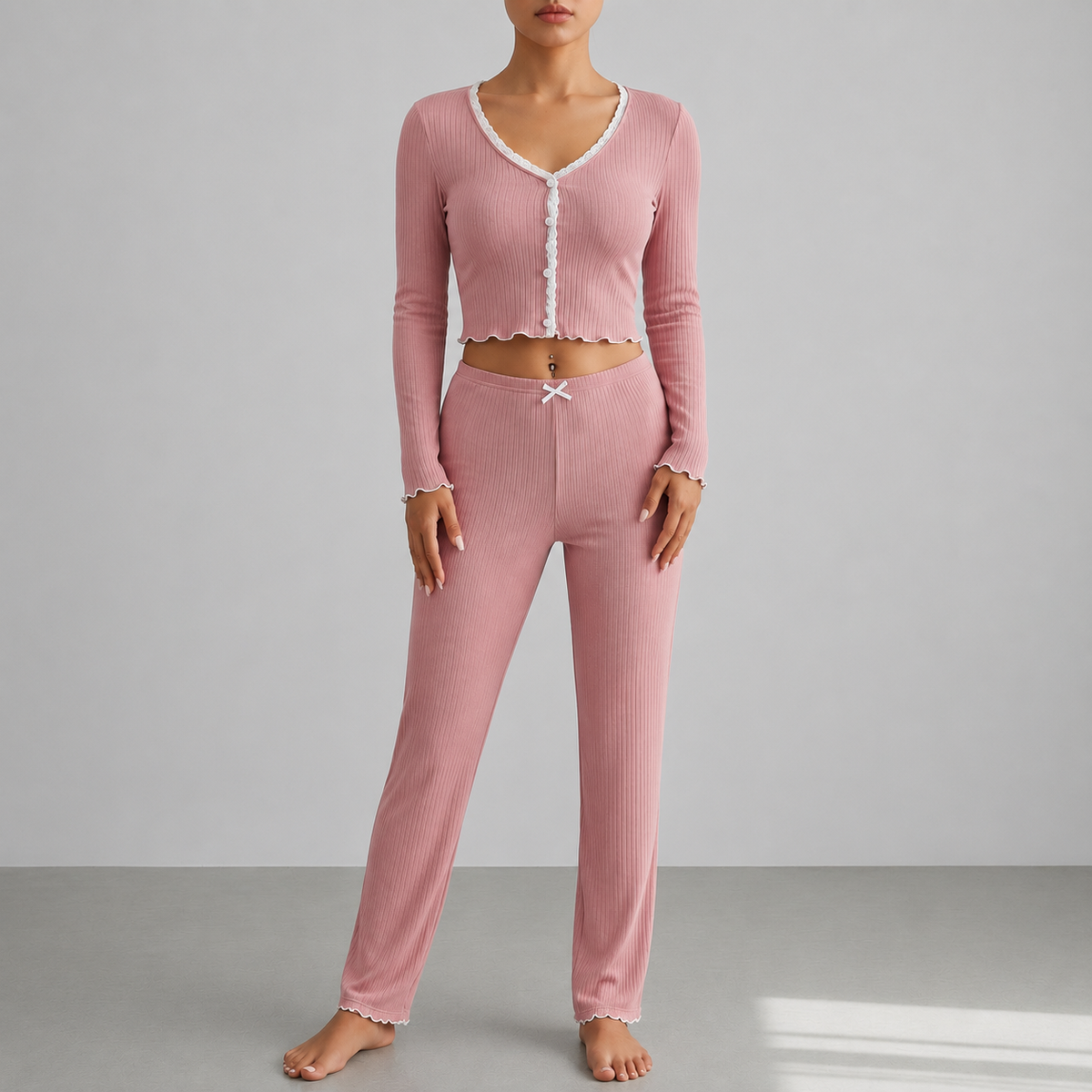 Corfu Ribbed Lace Trim Pajama Set
