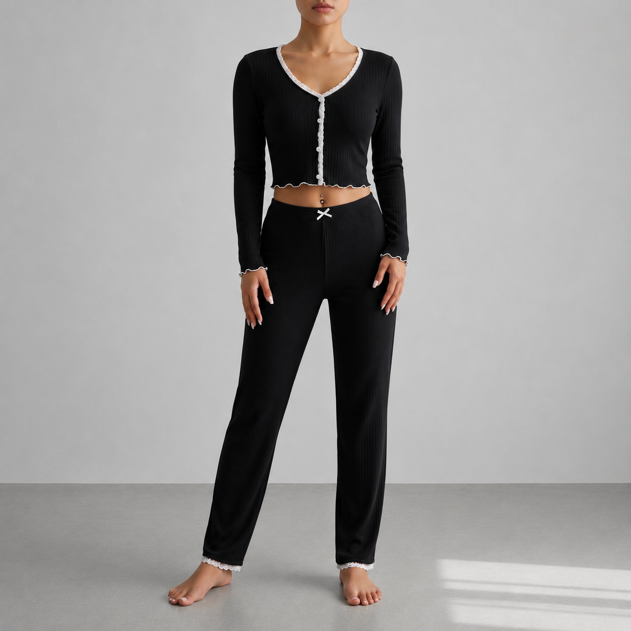 Corfu Ribbed Lace Trim Pajama Set