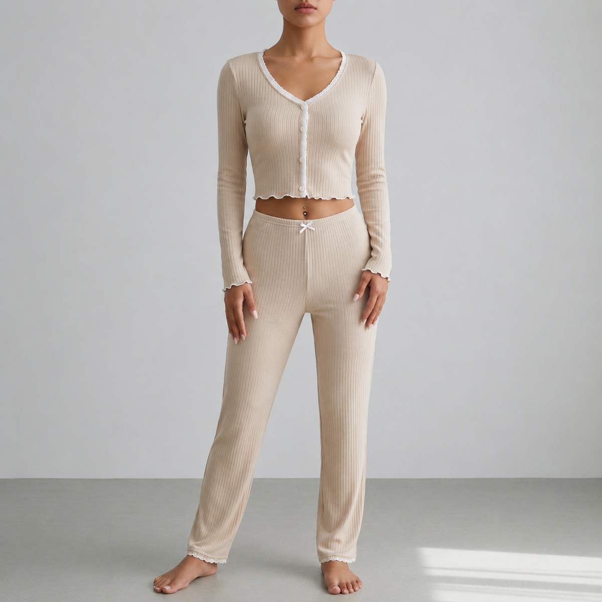Corfu Ribbed Lace Trim Pajama Set