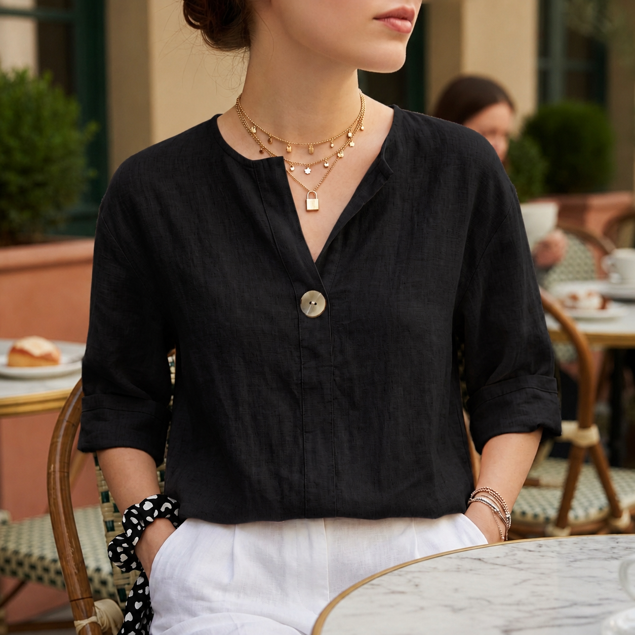 Perugia Women's V-Neck Casual Linen Blouse
