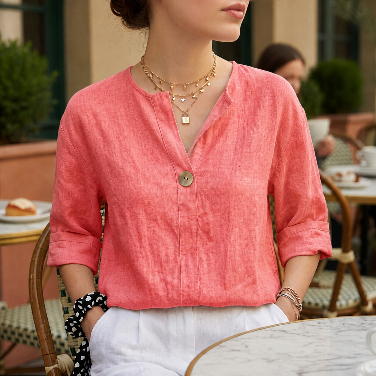 Perugia Women's V-Neck Casual Linen Blouse