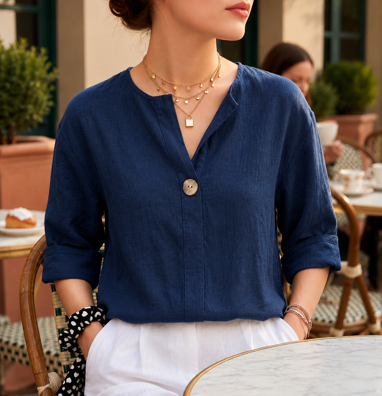Perugia Women's V-Neck Casual Linen Blouse