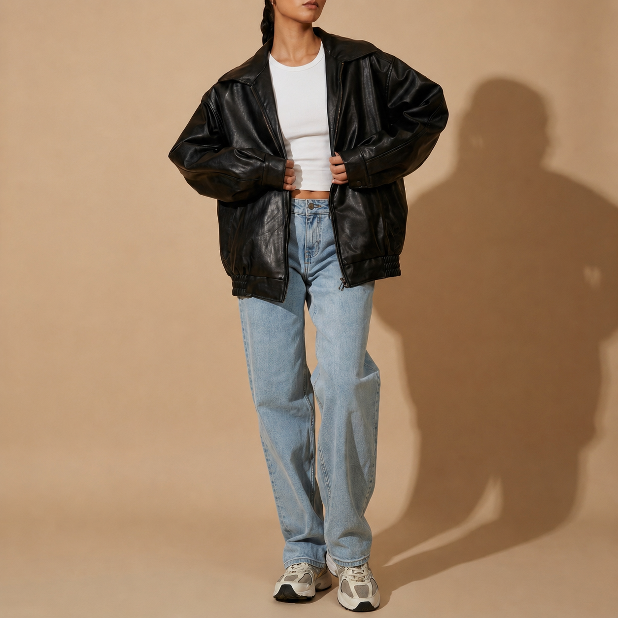 Noir Oversized Faux Leather Bomber